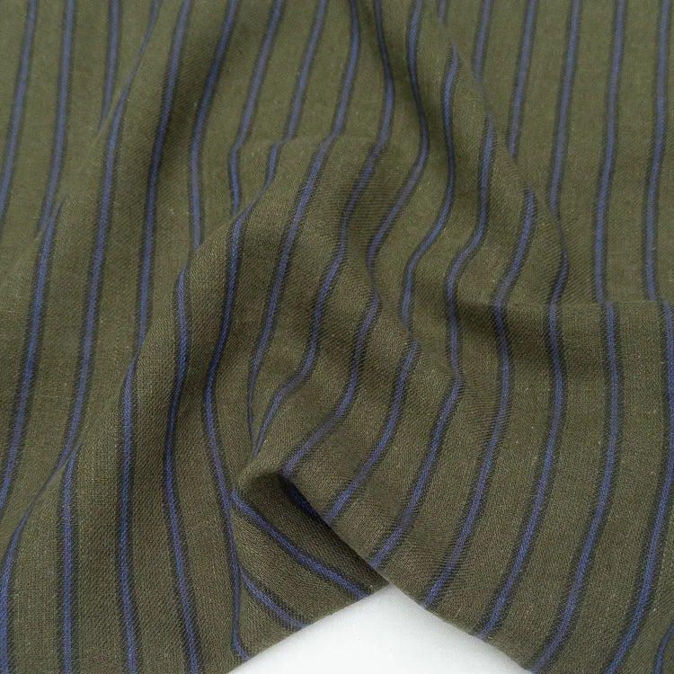 Olive/Blue Stripe Yarn Dyed Linen/Cotton Blend
