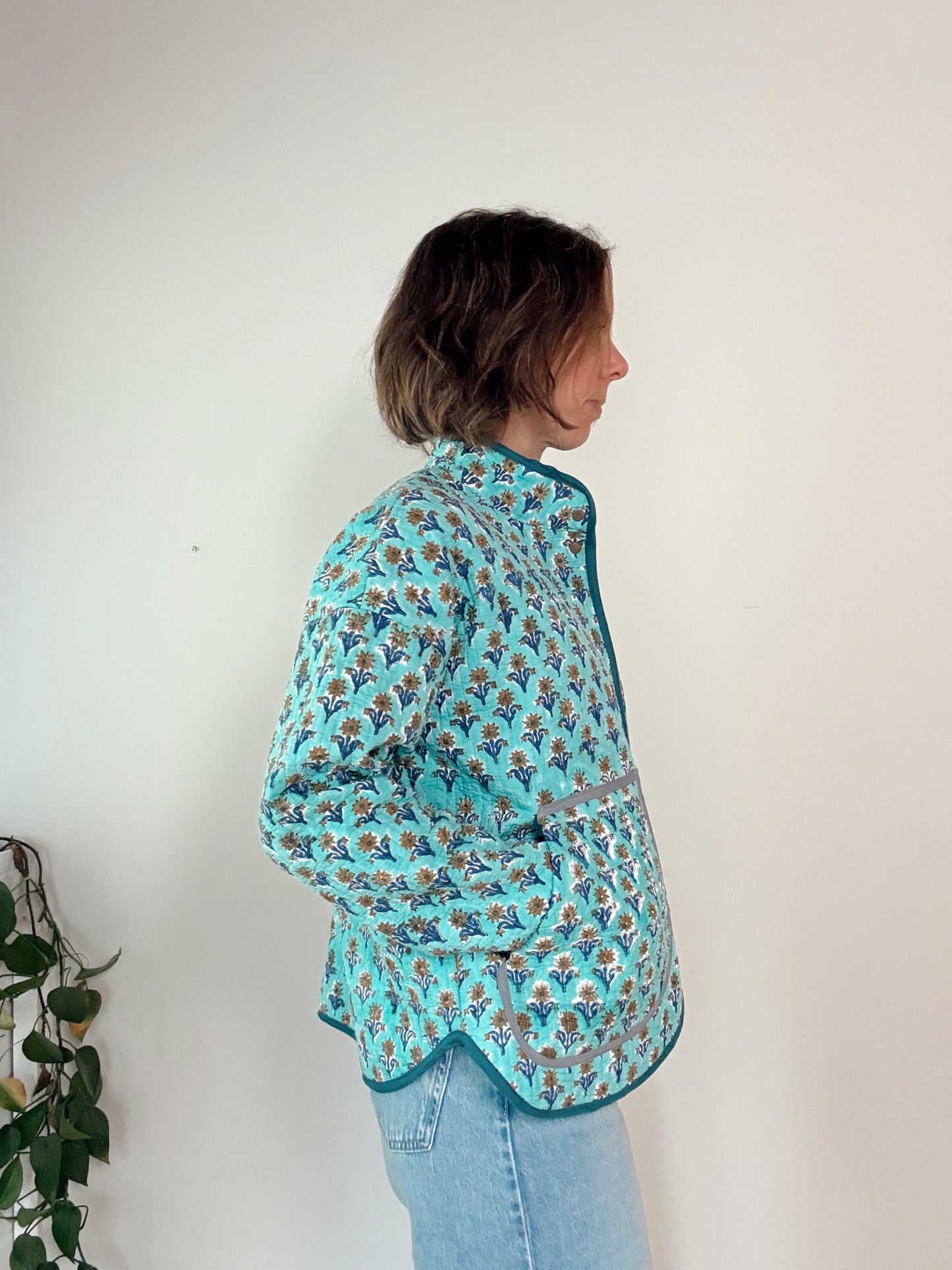 Turquoise Block Print Flora Jacket Sample - Small