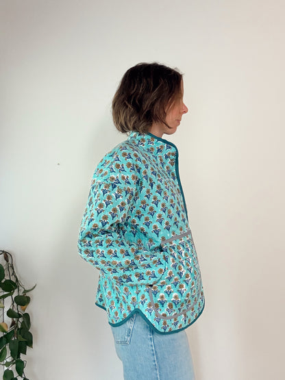 Turquoise Block Print Flora Jacket Sample - Small