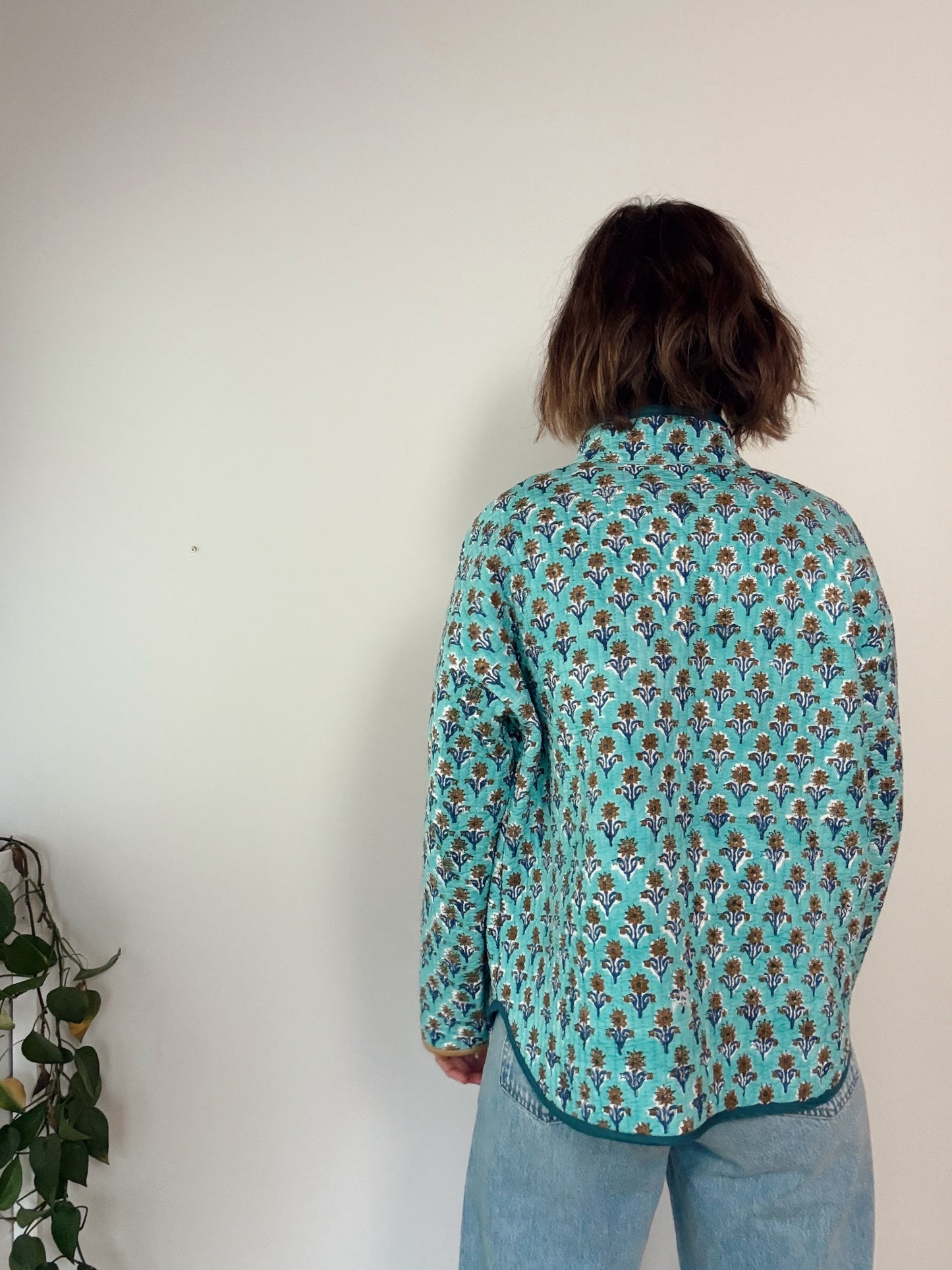Turquoise Block Print Flora Jacket Sample - Small