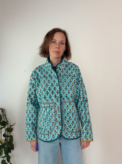 Turquoise Block Print Flora Jacket Sample - Small